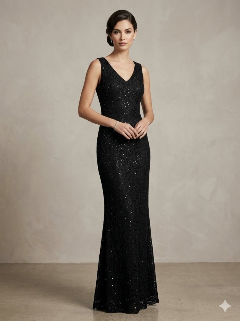 Marina Black Sequin Lace V-Neck Maxi Floor Length Gown Formal Dress sz 6 NWT